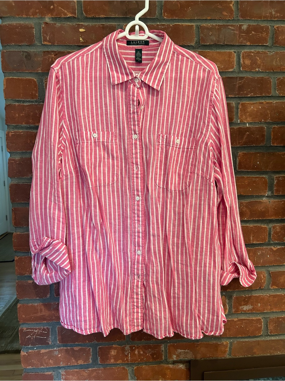 Ralph Lauren Linen Pink and White Striped Button-Up Shirt